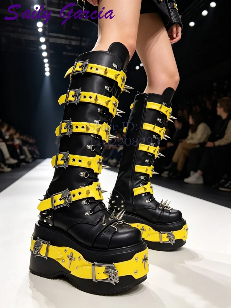 Women Shoes Size Chart - Totenkopf-Nieten Punk Kniehohe Stiefel Runde Zehenkappe