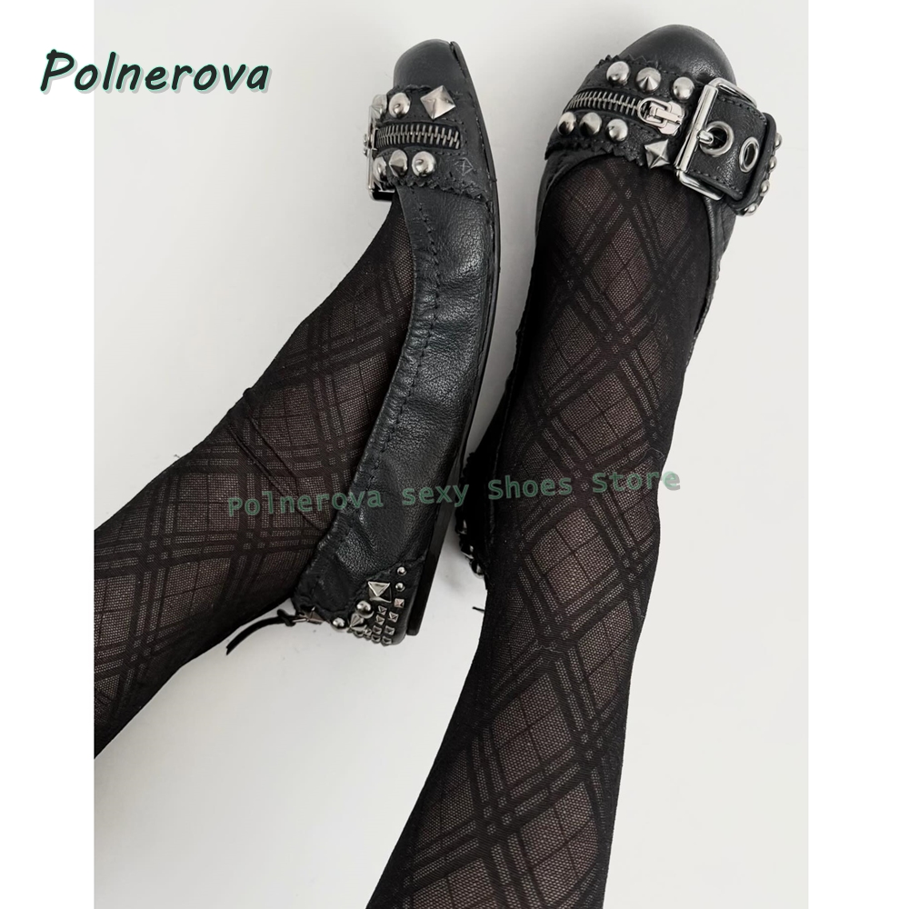 Mary Jane Shoes - Nieten-Gürtelschnallen Mary Jane Schuhe Spitze Flache